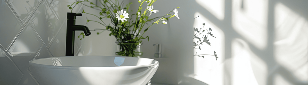 Lavabo moderne avec robinet noir mat dans une salle de bain lumineuse, ornée de carreaux muraux blancs et d'un vase contenant des fleurs fraîches, créant une ambiance apaisante et naturelle. Idéal pour rénover une salle de bain.