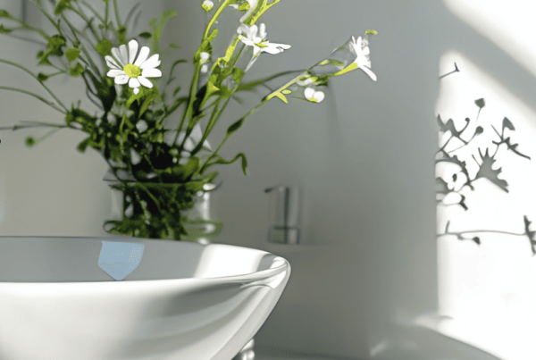 Lavabo moderne avec robinet noir mat dans une salle de bain lumineuse, ornée de carreaux muraux blancs et d'un vase contenant des fleurs fraîches, créant une ambiance apaisante et naturelle. Idéal pour rénover une salle de bain.